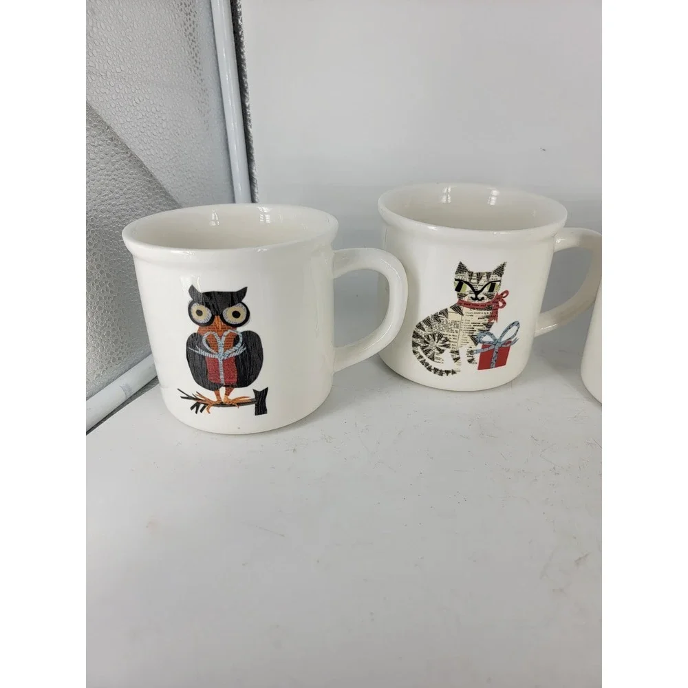 (4) Pottery Barn Denise Fiedler Whimsical Christmas Mugs Cat Fox Owl Dog 16 Oz